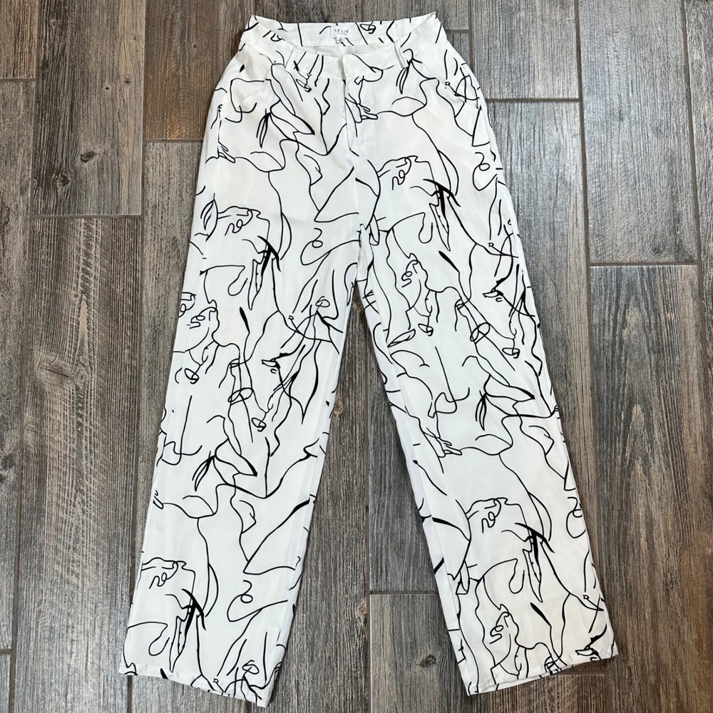 Le Lis Collection White Abstract Print High Waist Wide Leg Pants Size‎ S